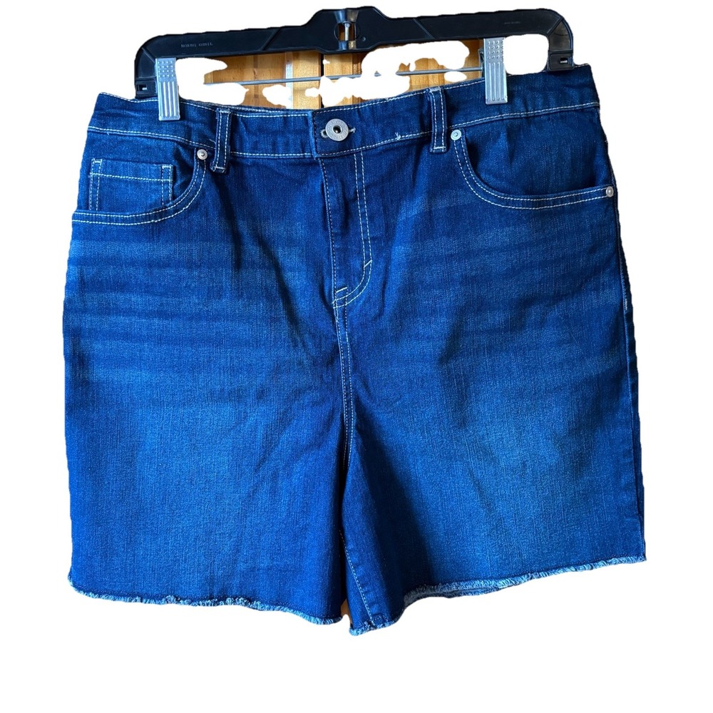 Style & Co Womens Fray Hem Short High Rise Slimming Pocket Blue Denim Size 14